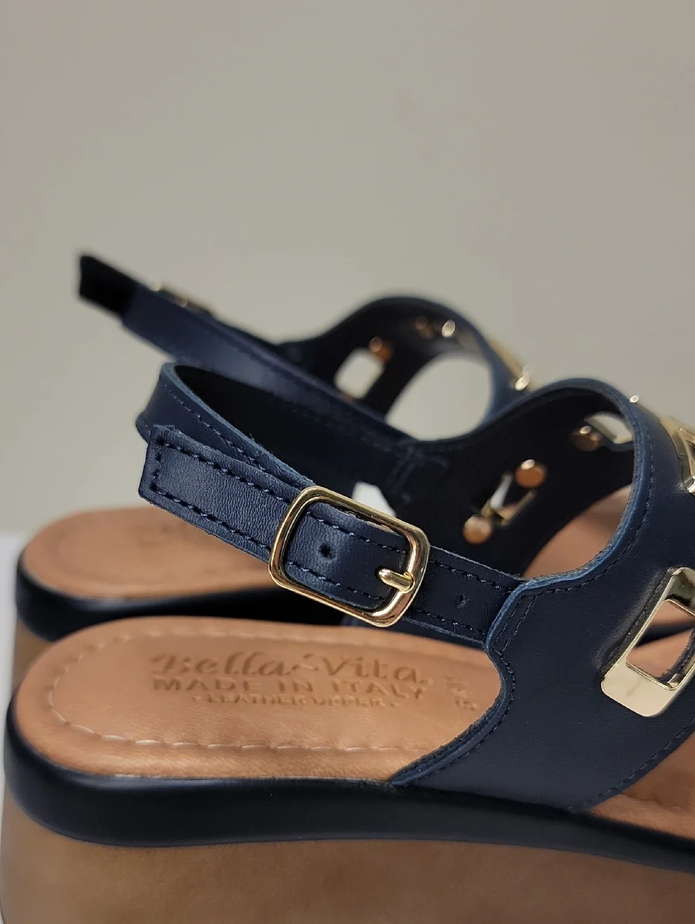 BELLA VITA -NEW IN BOX- WEDGE SANDALS NAVY BLUE 6.5 ITALIAN LEATHER